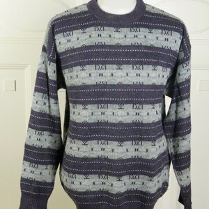 Purple & Gray Striped Sweater, 1990s European Vintage Soft Wool Blend Winter Knit Pullover: Size 42 to 44 US/UK image 2