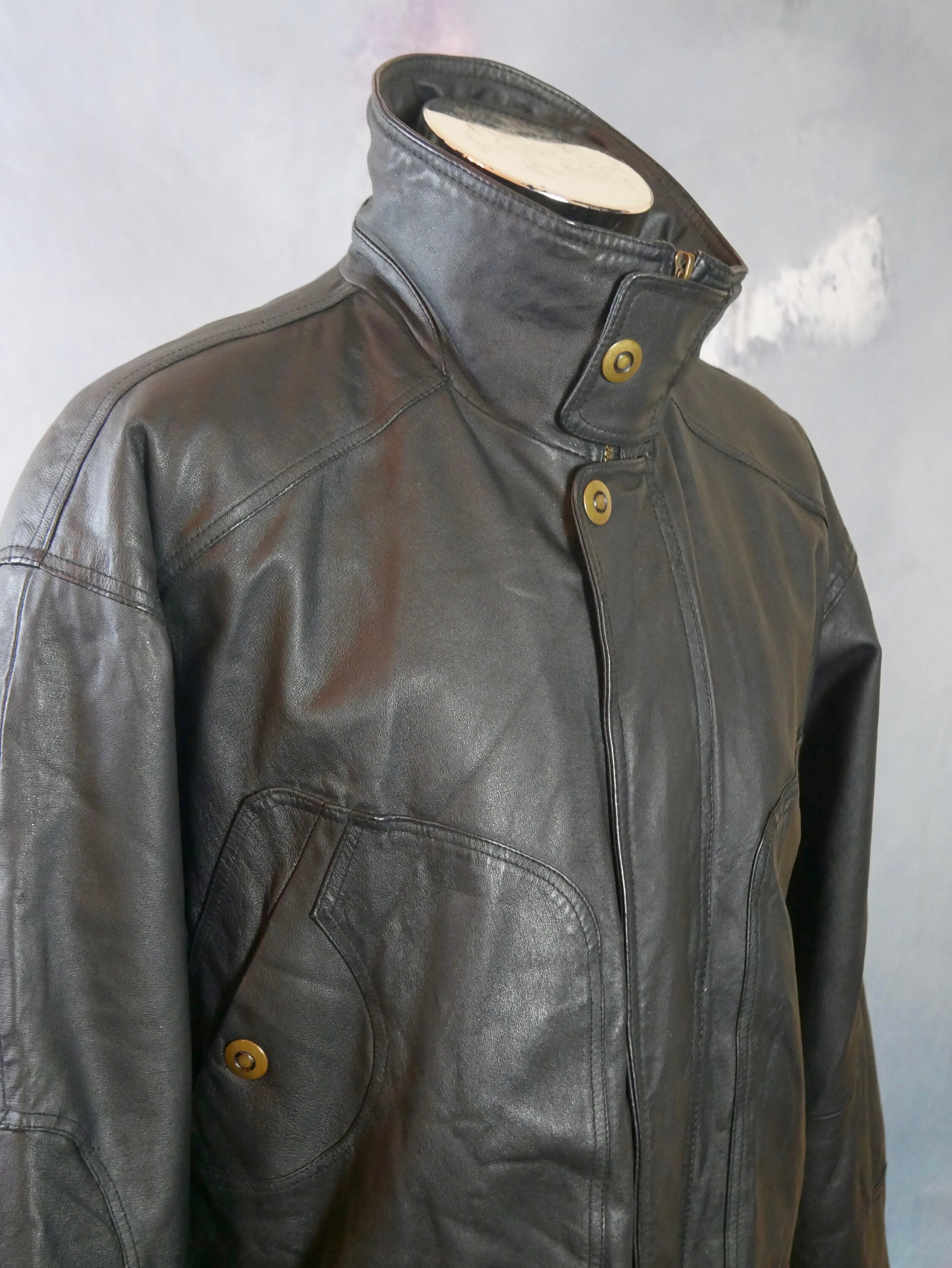 Long Black Leather Jacket, 1990s European Vintage Genuine