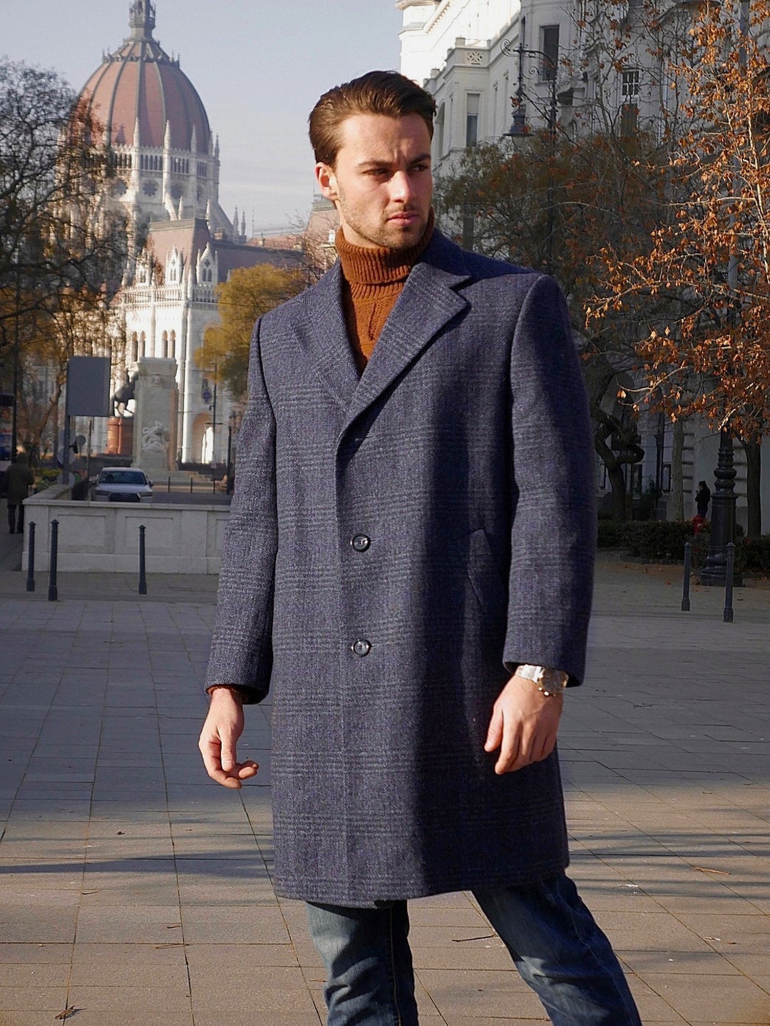 German Vintage Wool Overcoat Slate Blue Gray Subtle Plaid Mad
