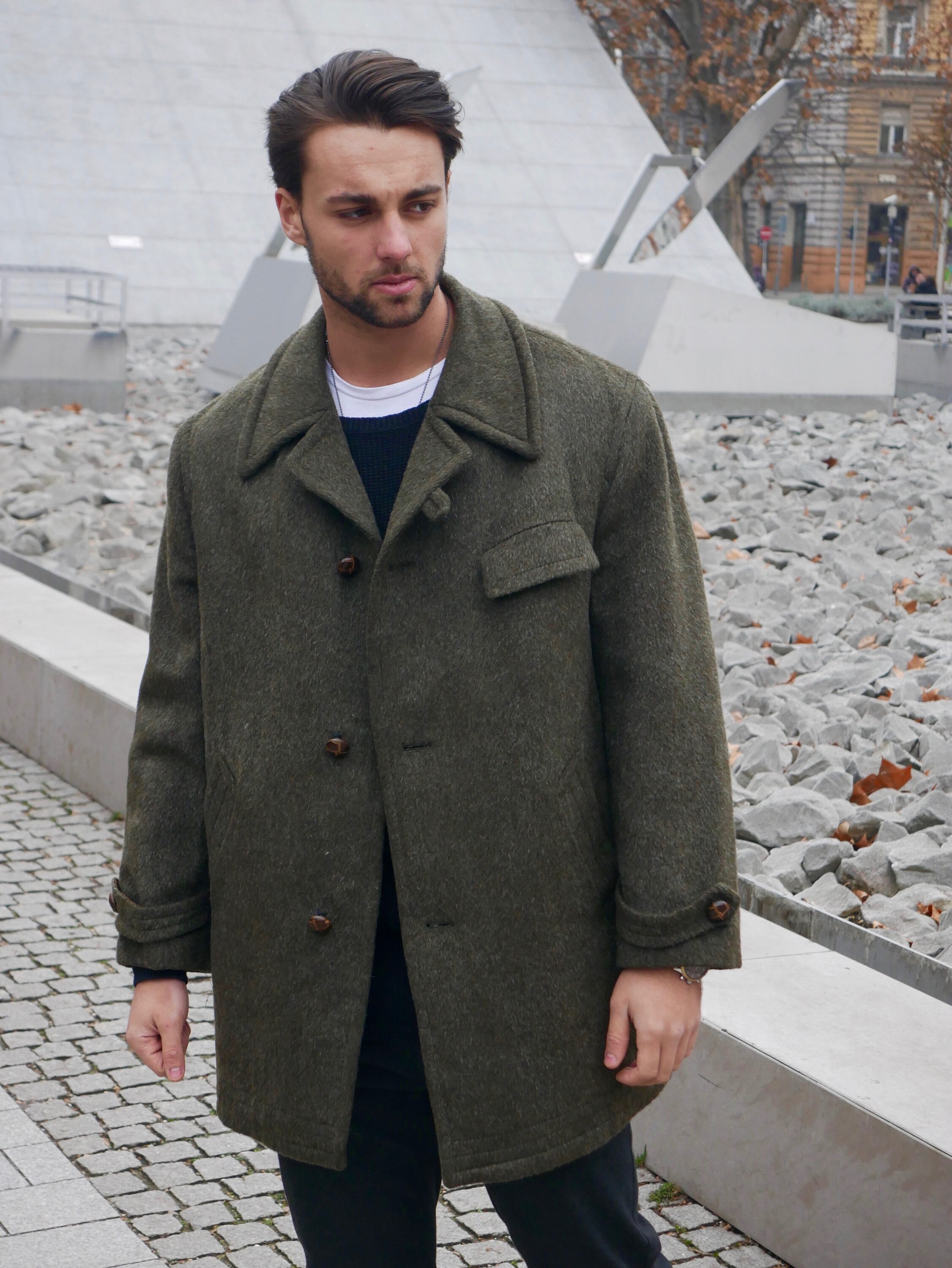 Vintage Olive Green Wool Overcoat, 1980s German Car Coat