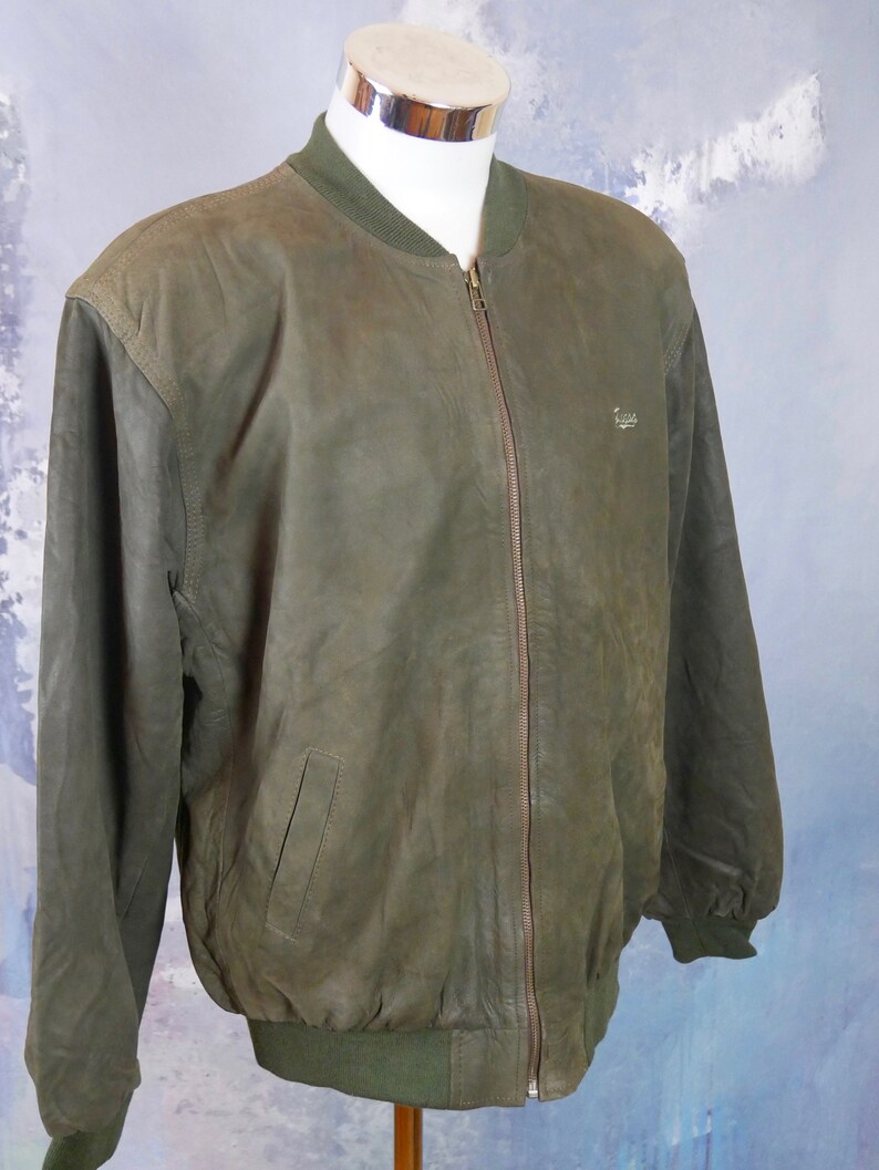 1980s Vintage Guess Jeans USA Pigskin Zippered Varsity Style Jacket XL Olive Green Leather Bomber Jacket 42 to 44 usuk