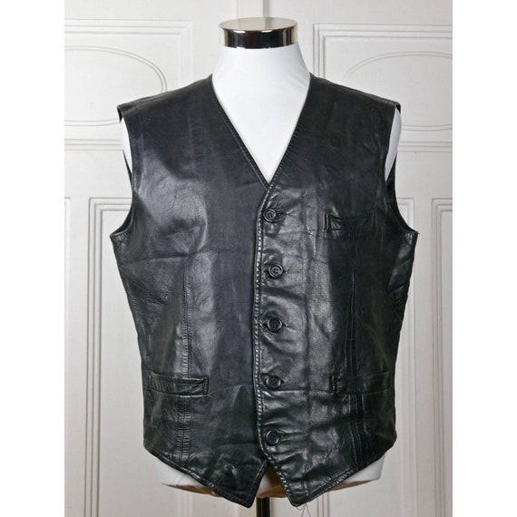 Vintage Leather Vest, 80s Western Style Black Mot… - image 2
