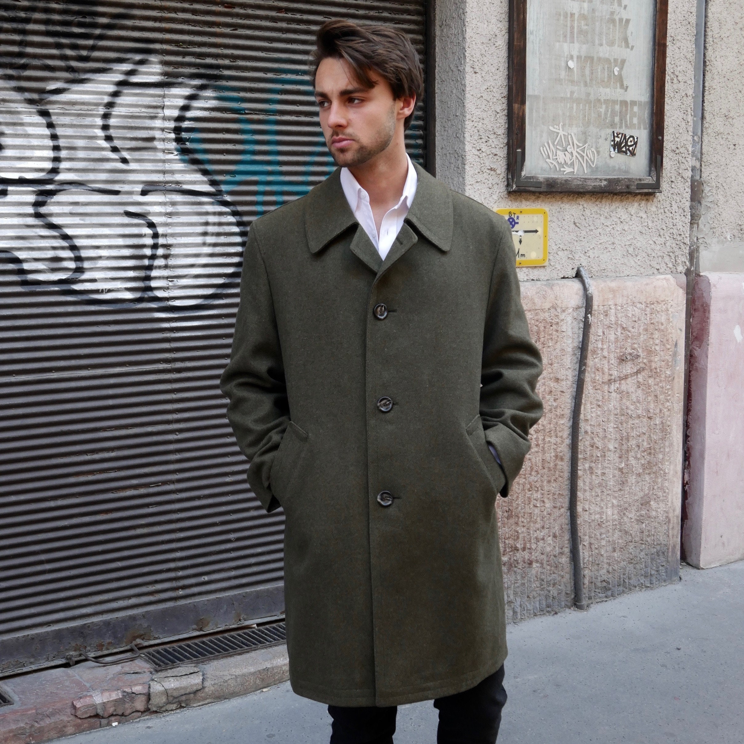 Olive green cheap wool coat mens