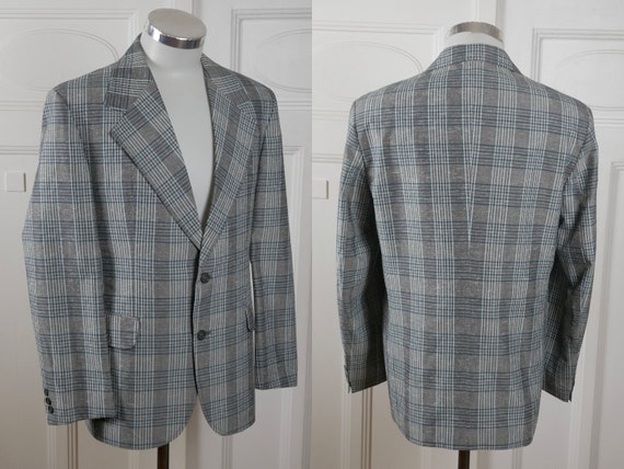 1970s Plaid Blazer, Silver Gray & Turquoise Germa… - image 1