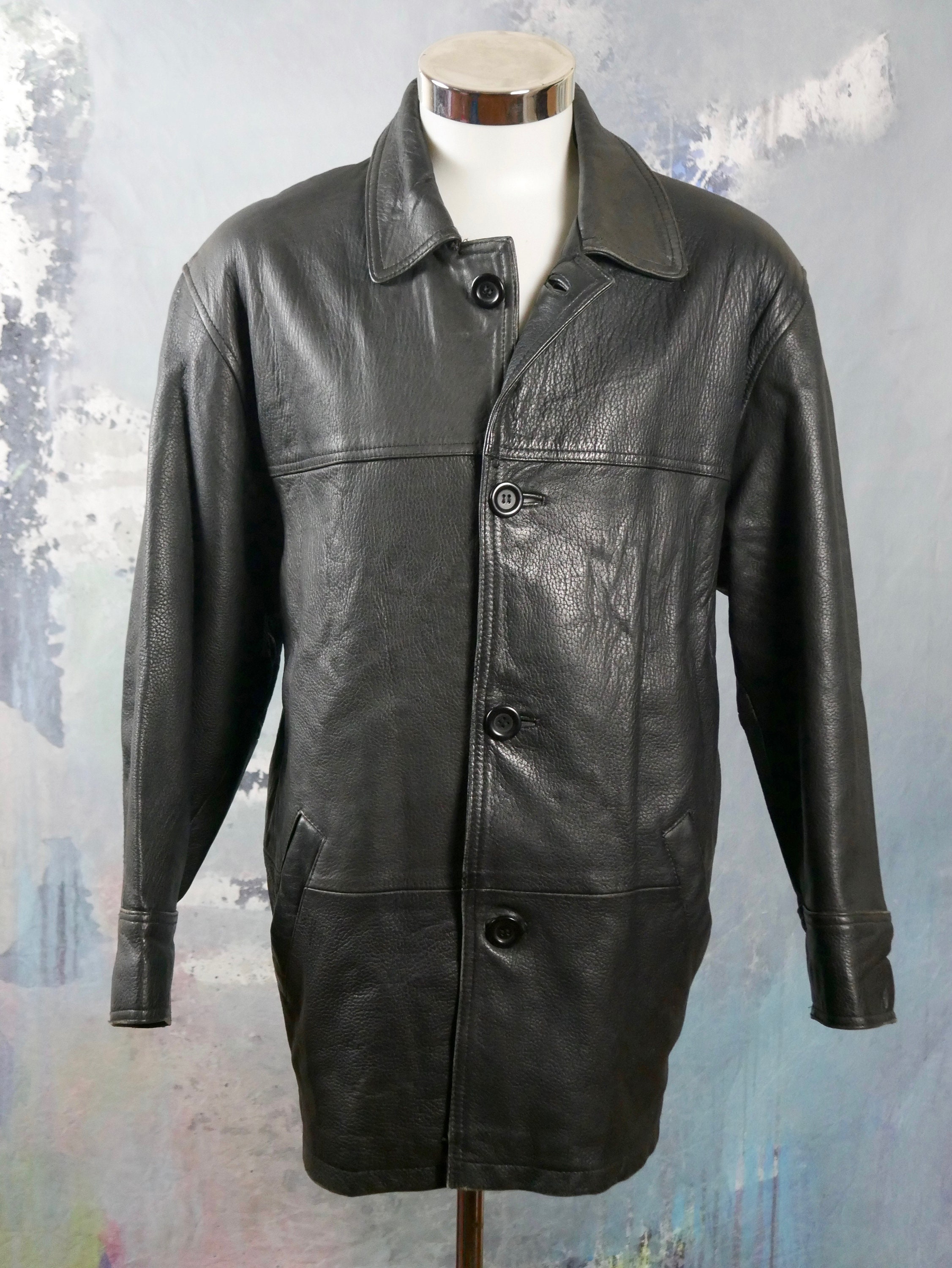1990s Black Leather Coat, Retro Genuine Leather Jacket: Size 1990s Black Leather Coat, Retro Genuine Leather Jacket: Size