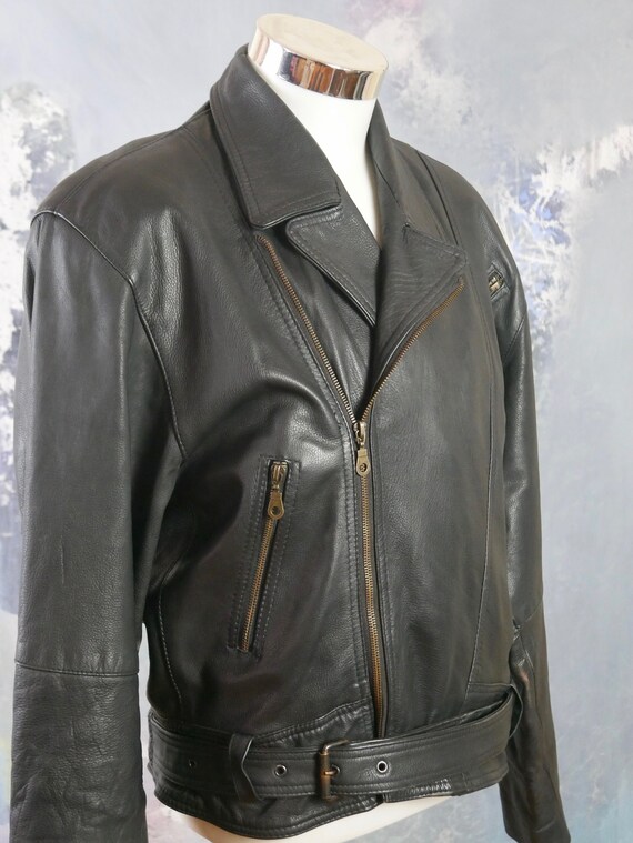 Black Leather Biker Jacket, 1980s European Vintage Zip up 