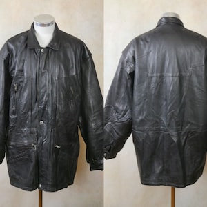 Black Leather Coat, 90s European Vintage Retro Genuine Leather Jacket: XXL (52/54 US)