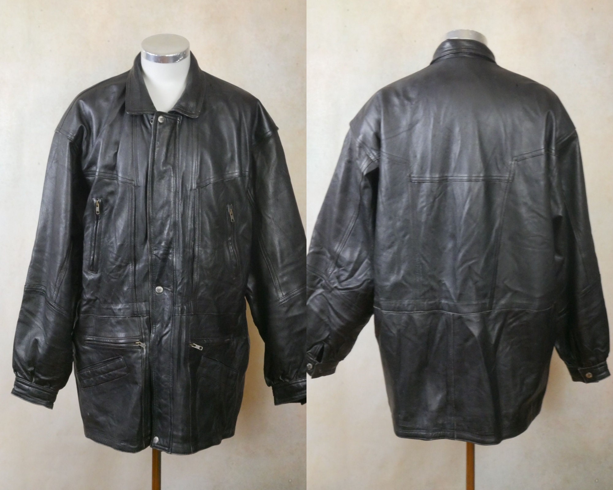 Black Leather Coat, 90s European Vintage Retro Genuine Black Leather Coat, 90s European Vintage Retro Genuine