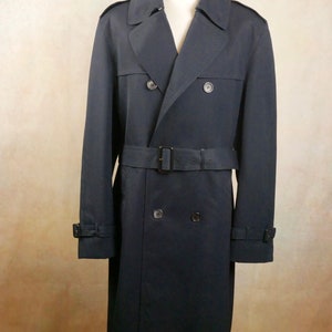 Vintage Trench Coat, 90s Dark Navy Blue Double-Breasted Belted Long Duster Overcoat image 2