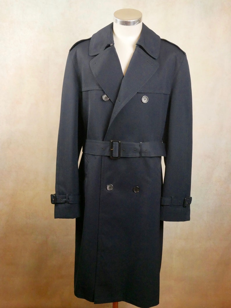 Vintage Trench Coat, 90s Dark Navy Blue Double-Breasted Belted Long Duster Overcoat image 2