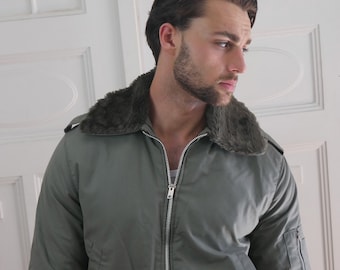 Retro Flight Jacket, Israeli Vintage Sage Gray Bomber Jacket w Faux Sheepskin Mouton Fur Collar and Lining: Size Medium (38 to 40 US/UK)