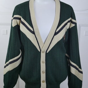 Green Cardigan, 1990s Swedish Vintage Soft Wool Knit Button-Down Bjorn Borg Tennis Sweater: Size 46 to 48 US/UK image 2