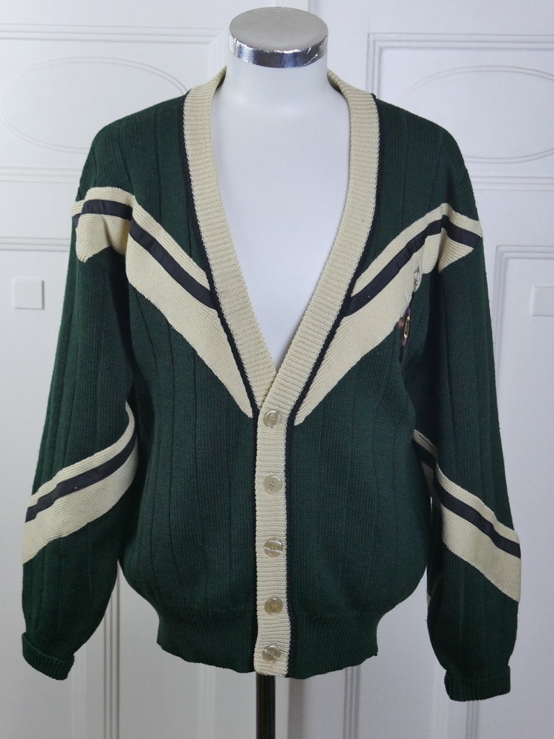Green Cardigan, 1990s Swedish Vintage Soft Wool Knit Button-Down Bjorn Borg Tennis Sweater: Size 46 to 48 US/UK image 2