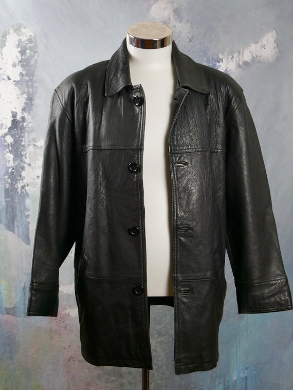 1990s Black Leather Coat, Retro Genuine Leather Jacket: Size