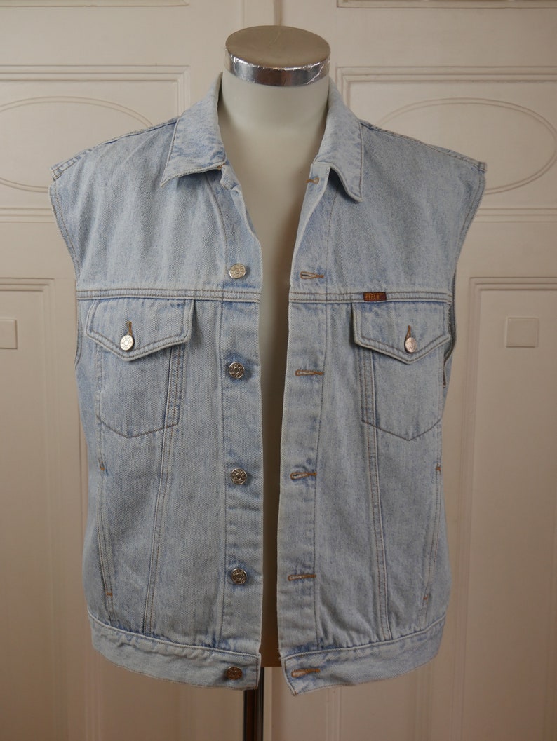 1980er Jeans Weste, Vintage Baumwolle Blau Jeans Weste: XL 46 bis 48 US/UK Bild 2