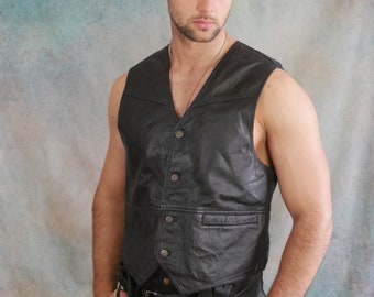 Black Leather Vest, 90s European Vintage, Size Large, 42 to Black Leather Vest, 90s European Vintage, Size Large, 42 to