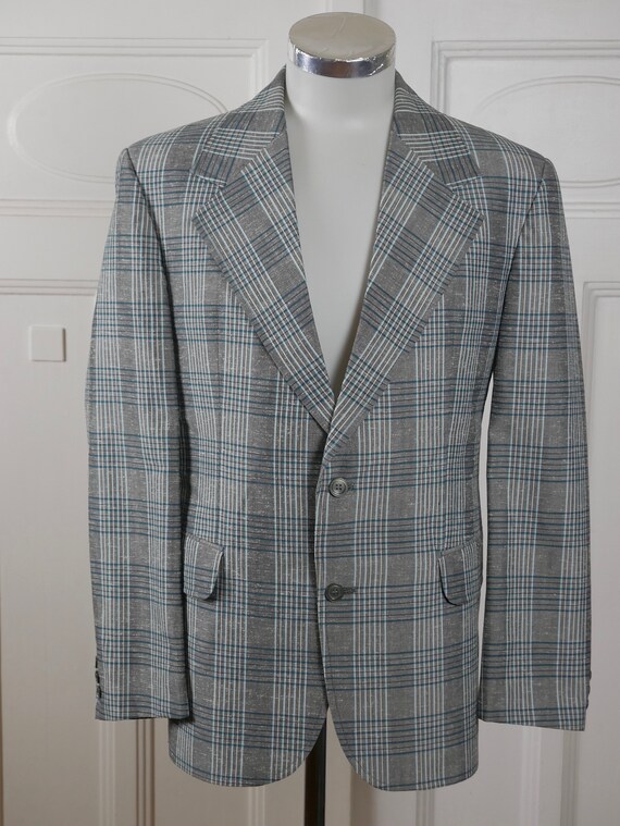 1970s Plaid Blazer, Silver Gray & Turquoise Germa… - image 2