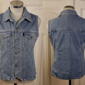 1990s Denim Vest, Vintage Faded Blue Jeans Sleevless Jacket, Size Small, 34/36 US