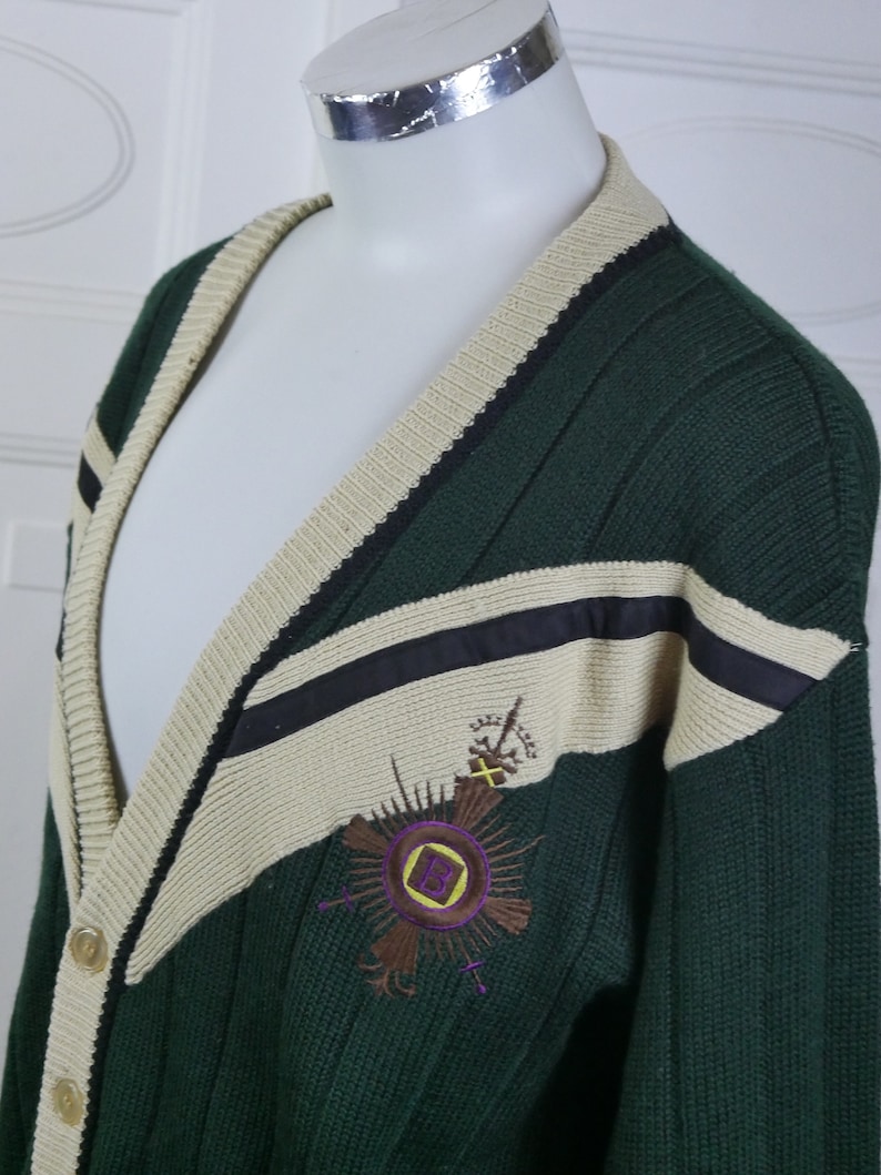 Green Cardigan, 1990s Swedish Vintage Soft Wool Knit Button-Down Bjorn Borg Tennis Sweater: Size 46 to 48 US/UK image 6