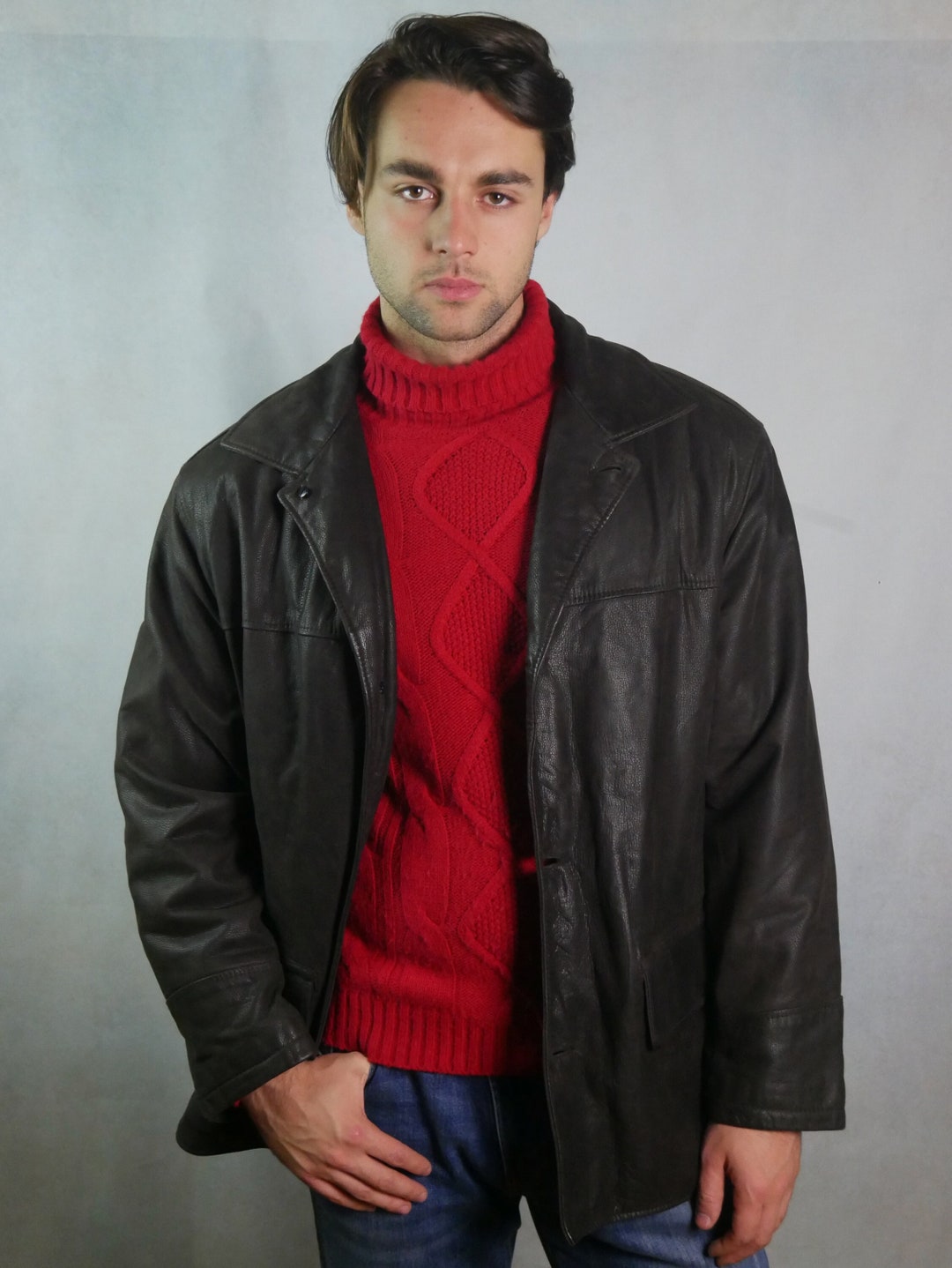 Veste En Cuir Véritable Marron Pour Homme Taille 50 - Occasion Très Bon état, Style Vintage