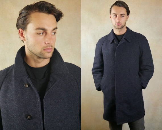 Navy Blue Wool Coat 60s European Vintage Overcoat Size 42 Short
