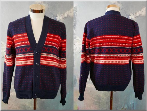 1980s Figgjo Nordic Navy Blue Wool Cardigan M L
