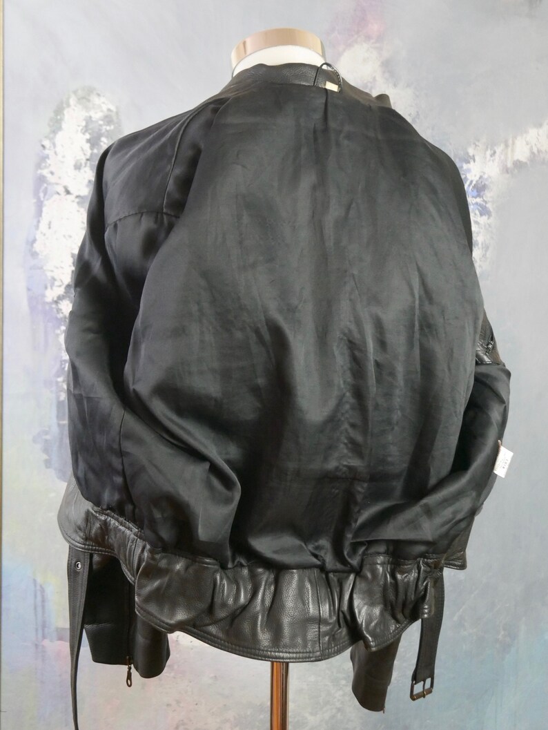 Black Leather Biker Jacket 44 USUK 1980s European Vintage Zip Up Motorcycle Perfecto Style Size XL