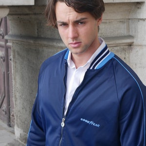 80s Track Jacket, Dark Blue Italian Vintage Warmup Jacket: Size Large, 42 to 44
