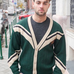 Green Cardigan, 1990s Swedish Vintage Soft Wool Knit Button-Down Bjorn Borg Tennis Sweater: Size 46 to 48 US/UK image 3
