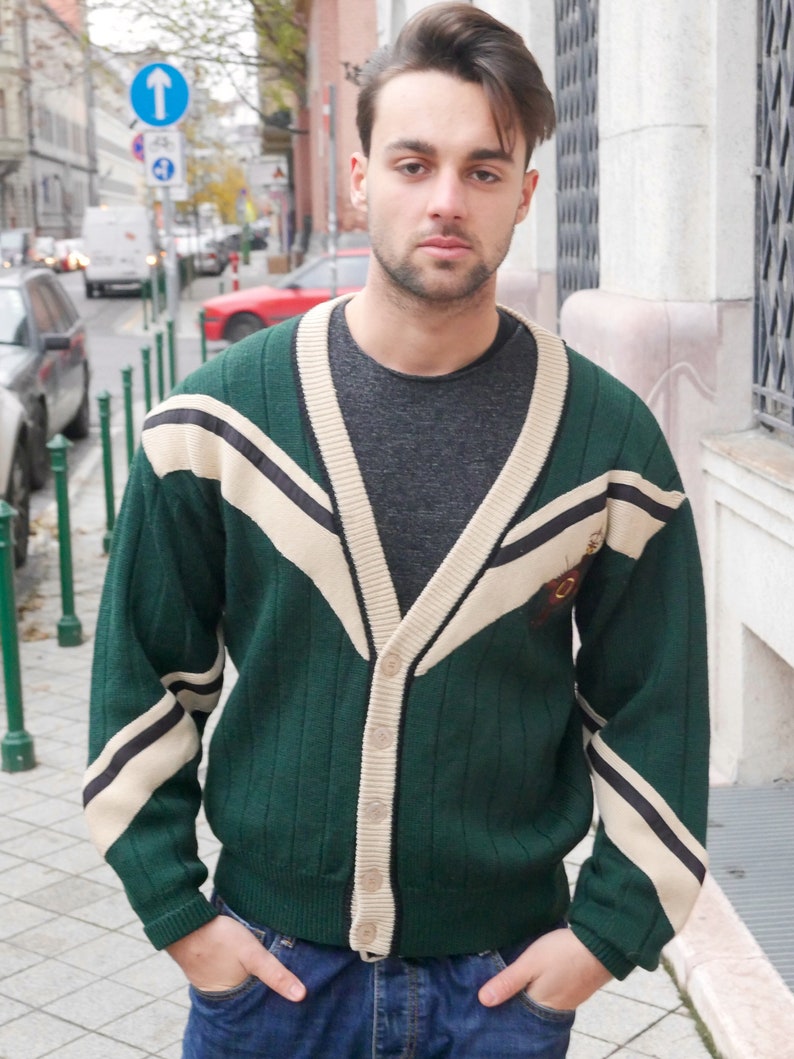 Green Cardigan, 1990s Swedish Vintage Soft Wool Knit Button-Down Bjorn Borg Tennis Sweater: Size 46 to 48 US/UK image 3