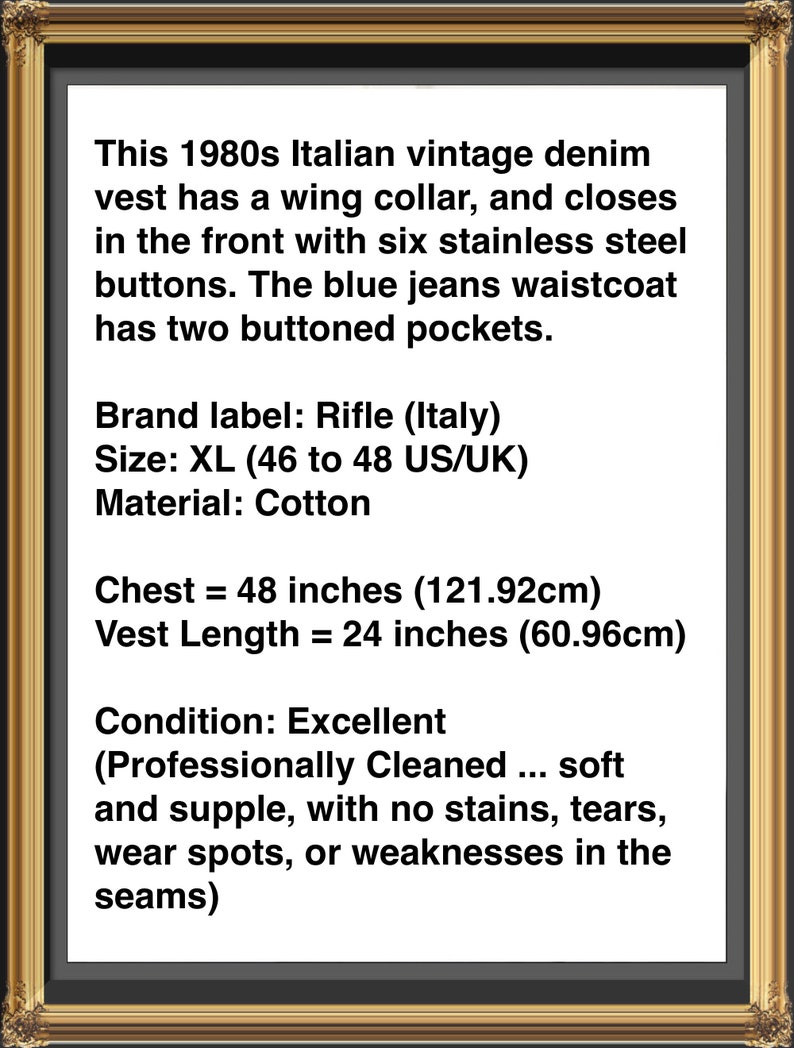 1980er Jeans Weste, Vintage Baumwolle Blau Jeans Weste: XL 46 bis 48 US/UK Bild 9
