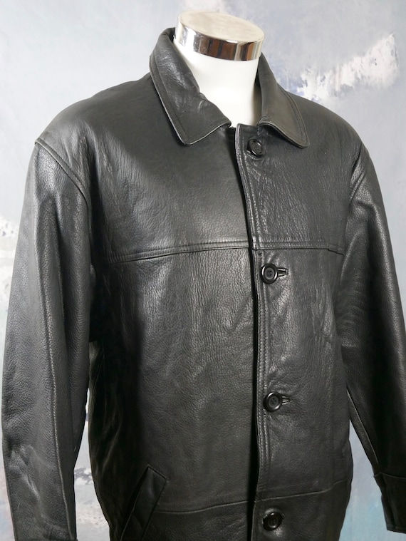 1990s Black Leather Coat, Retro Genuine Leather Jacket: Size 1990s Black Leather Coat, Retro Genuine Leather Jacket: Size