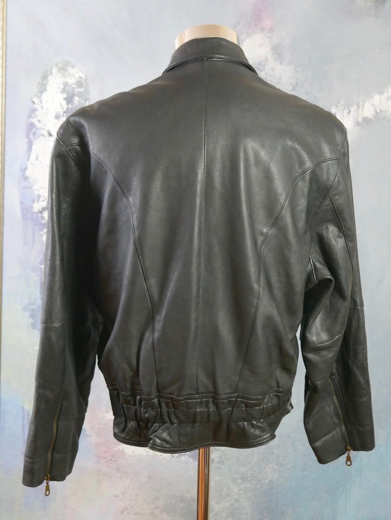 Black Leather Biker Jacket 44 USUK 1980s European Vintage Zip Up Motorcycle Perfecto Style Size XL