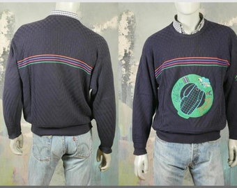 1980s Blue Golf Sweater, Nick Faldo Pringle of Scotland Lightweight Cotton Crew Neck Pullover Jumper, Retro Menswear: XL (42 to 44 US/UK)