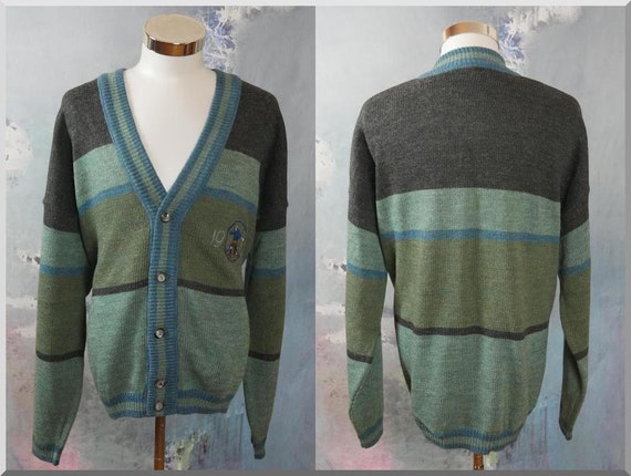 Men's Cardigan, 1990s German Gray Green & Blue Co… - image 1