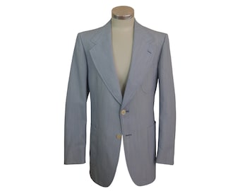 Seersucker Blue Blazer, 1970s Swedish Vintage Wide Collar Jacket, Size 40 Long (40L) US/UK