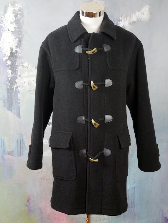 Black Duffle Coat, 1990s Italian Vintage Wool Cas… - image 3