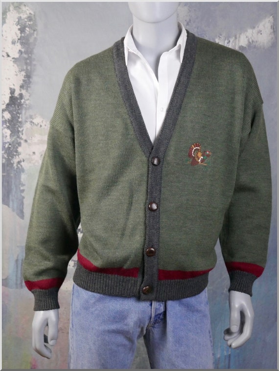 Downshifting Olive Green Wool Cardigan, European Vintage Knit V Neck Button Down: Size 46 to 48 US/UK