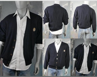 Navy Blue Cardigan, Swedish Vintage Knit V-Neck Button-Down Wool Blend Knit Sweater, Retro Menswear: XL (44 to 46 US/UK)