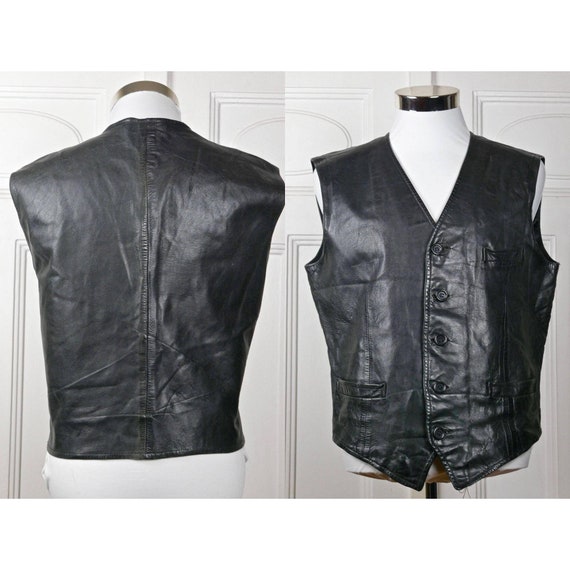 Vintage Leather Vest, 80s Western Style Black Mot… - image 1