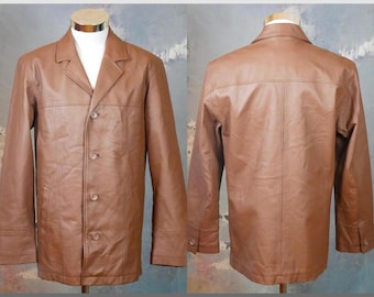 Chaqueta de cuero marrón de la década de 1990, chaqueta larga vintage alemana de un solo pecho: 38 EE.UU. / Reino Unido