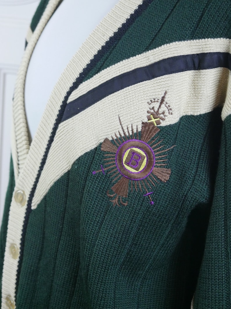 Green Cardigan, 1990s Swedish Vintage Soft Wool Knit Button-Down Bjorn Borg Tennis Sweater: Size 46 to 48 US/UK image 7