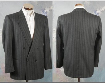 Gray Blazer, European Vintage Double-Breasted Wool Striped Jacket: Size XL (42 US/UK)