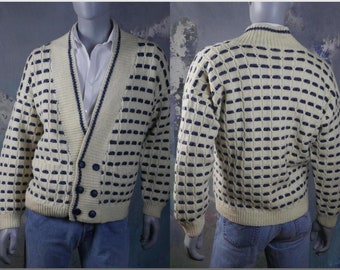 Wool Knit Cardigan, European Vintage Cream & Navy Blue Double-Breasted V Neck Sweater: Size 44 US/UK