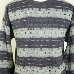 Purple & Gray Striped Sweater, 1990s European Vintage Soft Wool Blend Winter Knit Pullover: Size 42 to 44 US/UK image 3