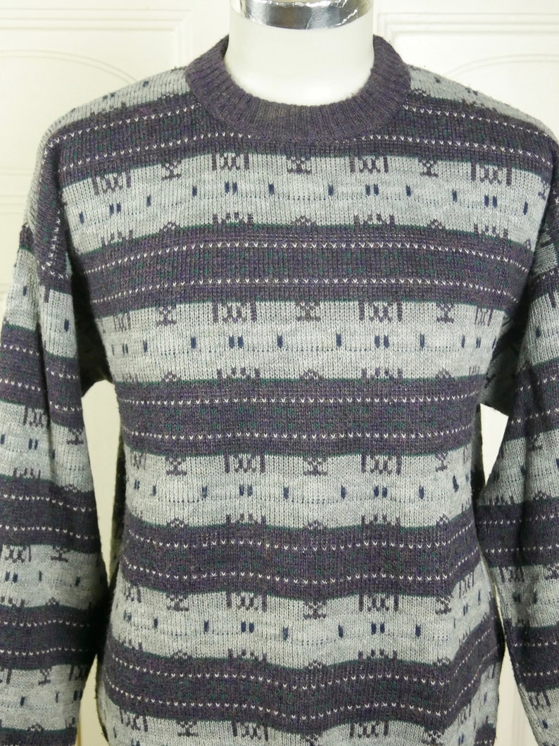Purple & Gray Striped Sweater, 1990s European Vintage Soft Wool Blend Winter Knit Pullover: Size 42 to 44 US/UK image 3