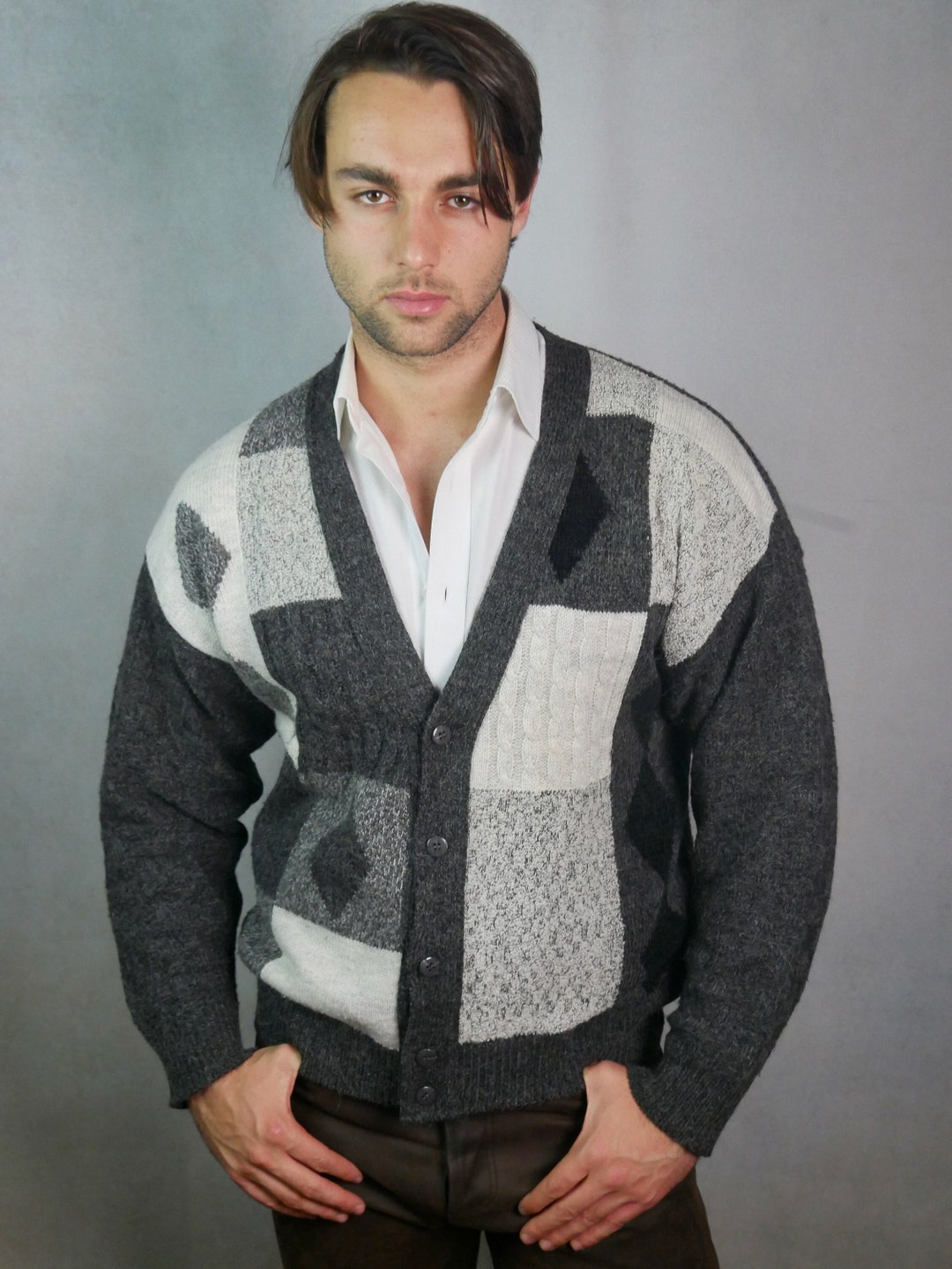 80s Vintage Cardigan Men's Gray Cream and Black Wool and Etsy