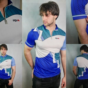 Camisa de ciclismo italiana, camisa de ciclismo da equipe de corrida de bicicleta azul vintage dos anos 90, verde-azulado e branco, tamanho grande (42 a 44 EUA)