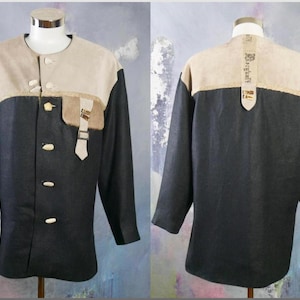 Vintage German Leather Linen Trachten Jacket: Middle Ages Style, Stone Buttons, Size 46 US/UK