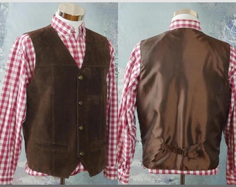 Retro Brown Suede Vest, Extra Large Genuine Leather Waistcoat, Vintage Retro Men's Clothing: Size XL (42 US/UK)